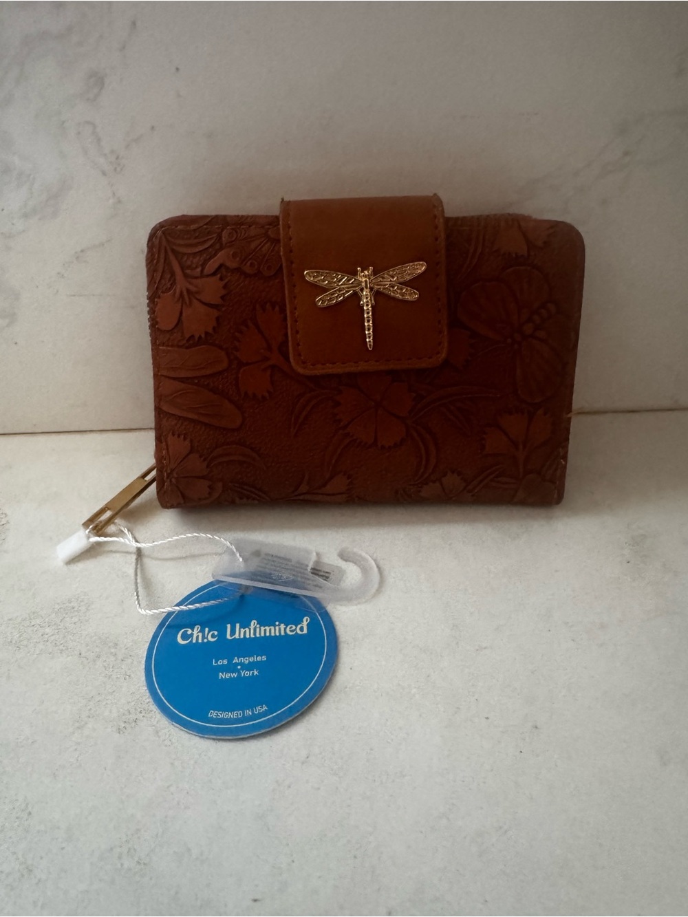 NWT- Brown Floral-Embossed mini wallet Wallet with Gold Dragonfly